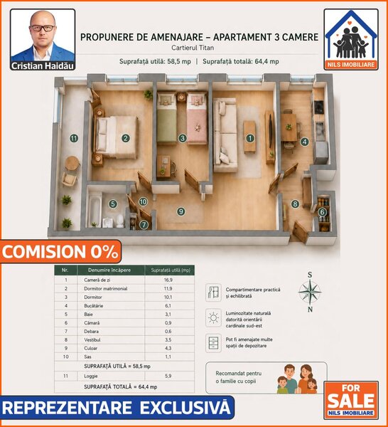 Titan de vanzare apartament cu 3 camere, pret corect